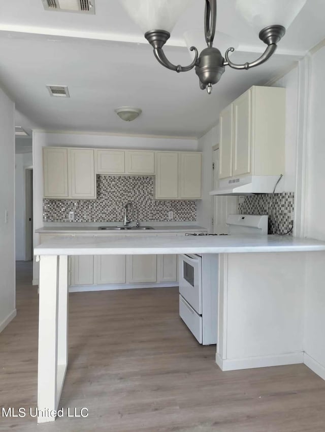 kitchen featuring light countertops, electric range, light wood-style floors, a sink, and under cabinet range hood