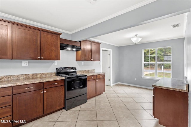 kitchen featuring ornamental molding, black range with electric cooktop, light tile patterned flooring, light stone counters, and extractor fan