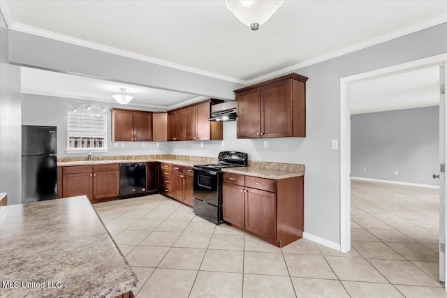 kitchen with sink, wall chimney range hood, crown molding, light tile patterned floors, and black appliances