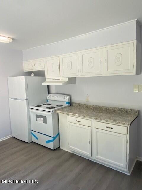 kitchen featuring white cabinets, white appliances, and dark hardwood / wood-style flooring