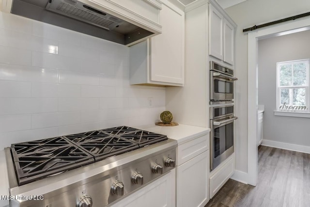 16043 W Dedeaux Rd, Gulfport, MS 39503 - kitchen featuring appliances with stainless steel finishes, premium range hood, dark wood-style floors, decorative backsplash, and white cabinetry