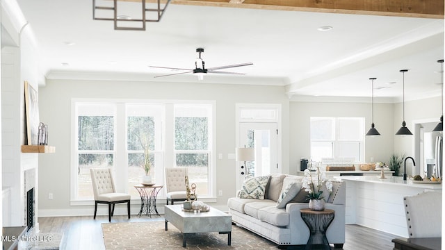 16043 W Dedeaux Rd, Gulfport, MS 39503 - living area with crown molding, plenty of natural light, a fireplace, wood finished floors, and recessed lighting