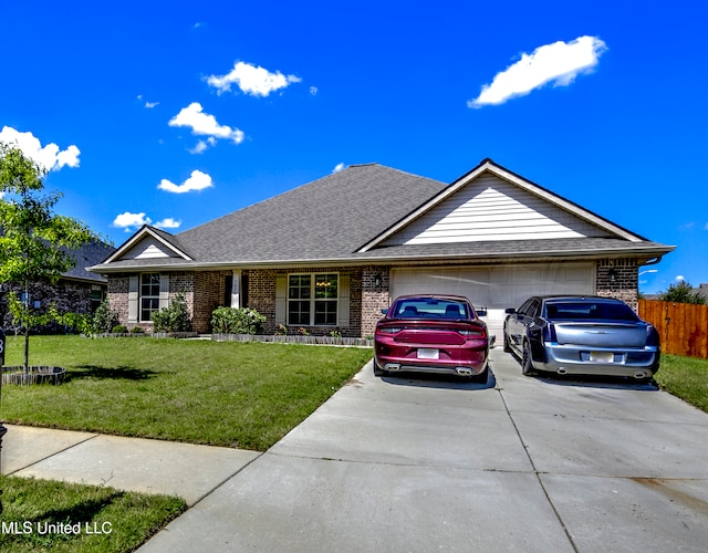 single story home featuring a front lawn and a garage