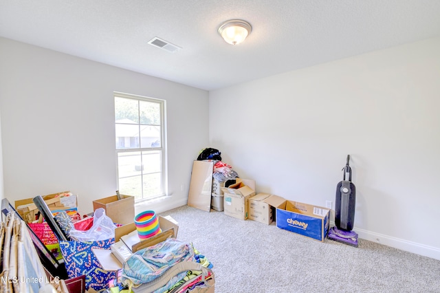 rec room with a textured ceiling and carpet