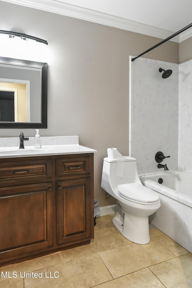 7520 Ogborn Dr, Moss Point, MS 39562 - bathroom featuring crown molding, toilet, vanity,  shower combination, and tile patterned flooring