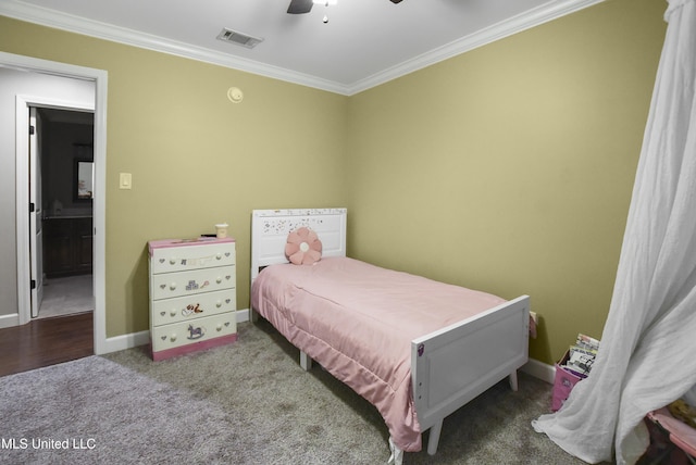 7520 Ogborn Dr, Moss Point, MS 39562 - bedroom featuring ornamental molding, baseboards, carpet floors, and a ceiling fan