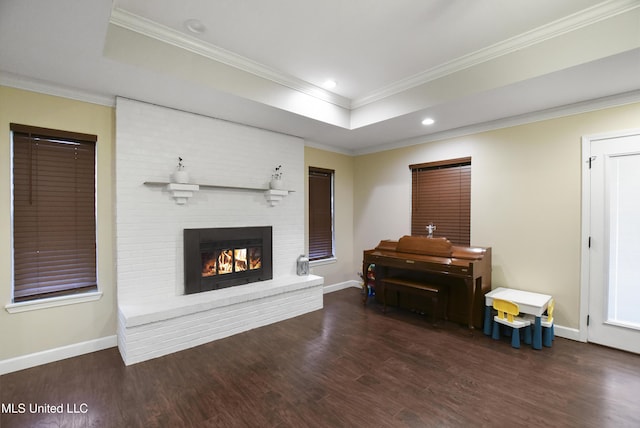 7520 Ogborn Dr, Moss Point, MS 39562 - living area with a raised ceiling, wood finished floors, a fireplace, ornamental molding, and recessed lighting