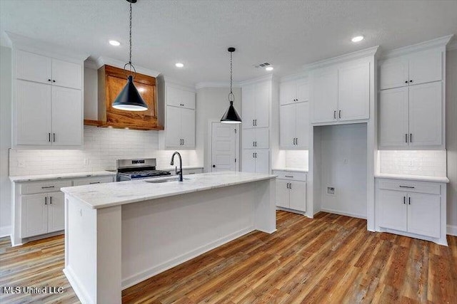 kitchen with white cabinetry, light stone countertops, wood-type flooring, a kitchen island with sink, and stainless steel range