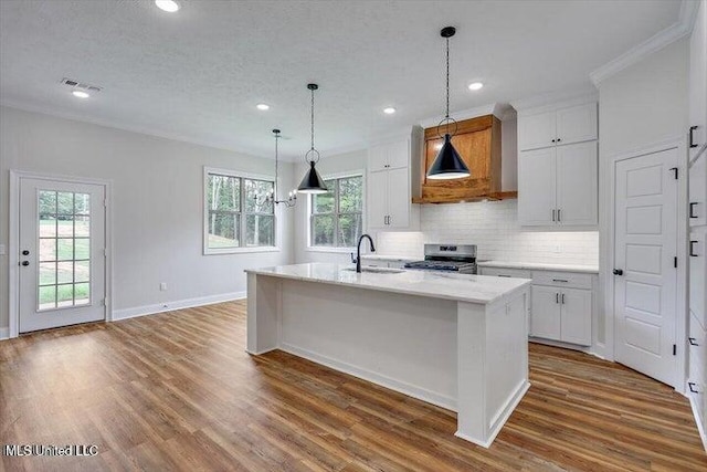 kitchen featuring an island with sink, white cabinets, dark hardwood / wood-style flooring, and stainless steel range oven