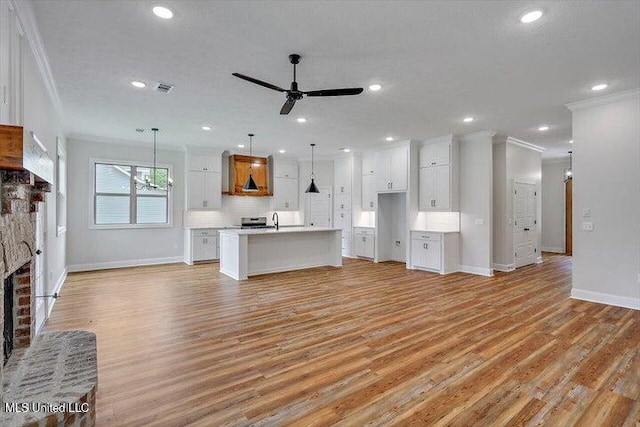 unfurnished living room with ornamental molding, light hardwood / wood-style floors, and a fireplace