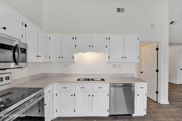 kitchen featuring sink, white cabinetry, stainless steel appliances, and wood-type flooring