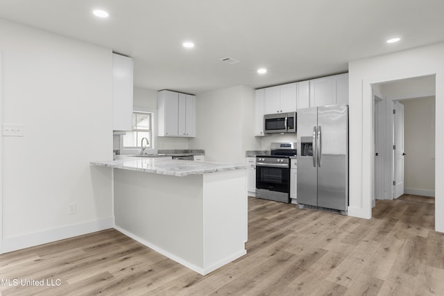 kitchen featuring appliances with stainless steel finishes, kitchen peninsula, sink, and white cabinets