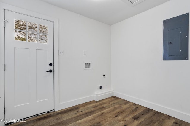 laundry area with hardwood / wood-style flooring, washer hookup, hookup for an electric dryer, and electric panel