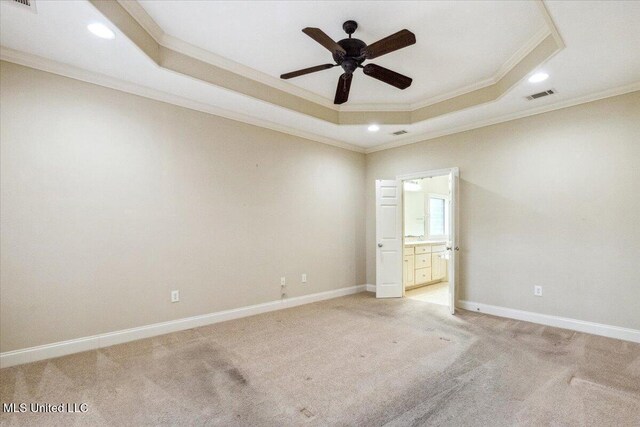 403 Chesney Ct, Madison, MS 39110 - empty room featuring crown molding, a tray ceiling, ceiling fan, recessed lighting, and light carpet