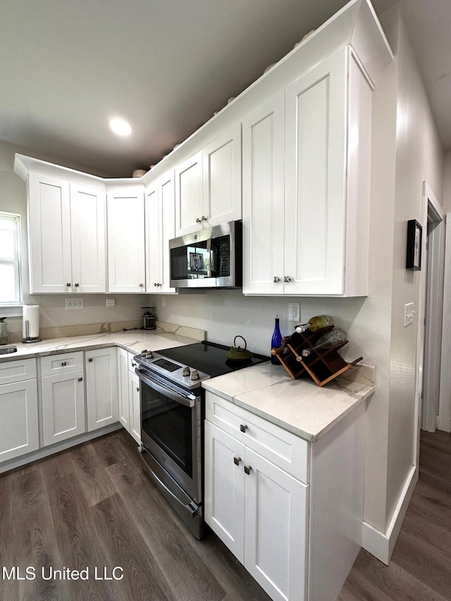 kitchen with white cabinets, recessed lighting, light stone counters, dark wood-style flooring, and stainless steel appliances