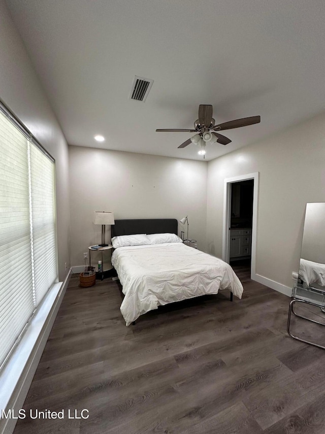 bedroom with baseboards, recessed lighting, visible vents, ceiling fan, and wood finished floors