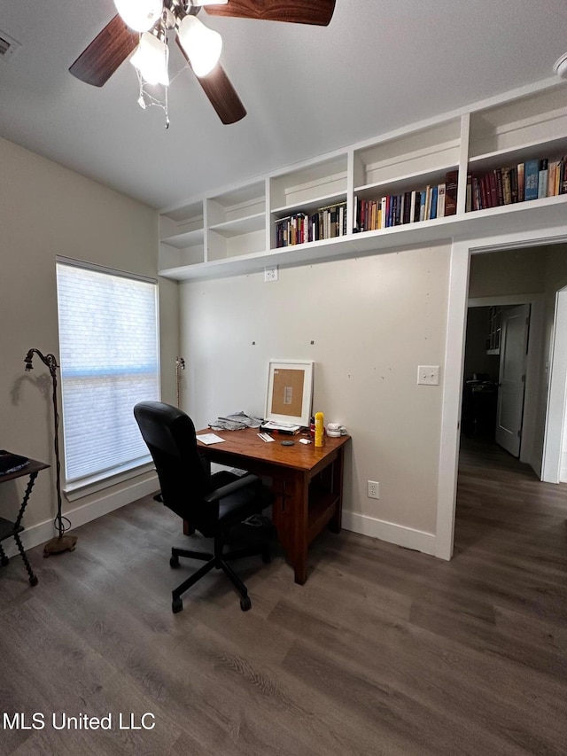 home office with wood finished floors, baseboards, and a ceiling fan