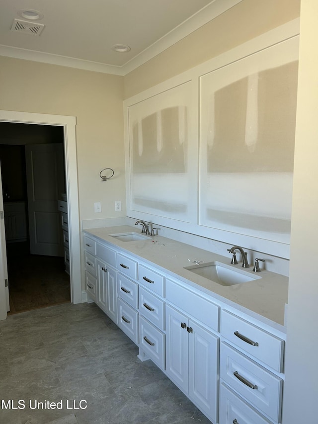 full bathroom featuring crown molding, double vanity, visible vents, and a sink