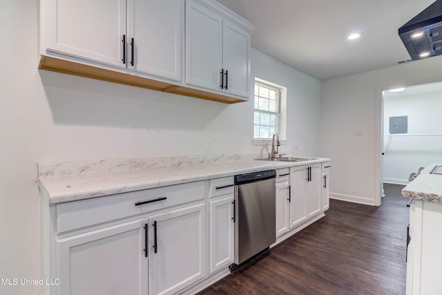 kitchen with white cabinetry, dishwasher, sink, range hood, and dark hardwood / wood-style floors