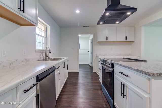 kitchen with sink, stainless steel appliances, dark hardwood / wood-style flooring, island range hood, and white cabinets