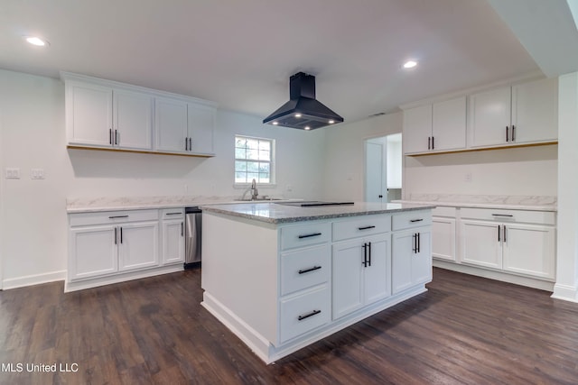 kitchen featuring sink, a kitchen island, dark hardwood / wood-style floors, island range hood, and white cabinets