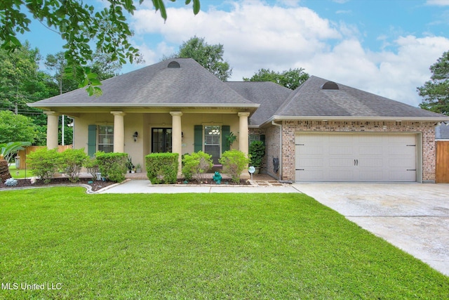 7924 Ewa Ct, Diamondhead, MS 39525 - neoclassical home featuring concrete driveway, roof with shingles, a front yard, a garage, and stucco siding