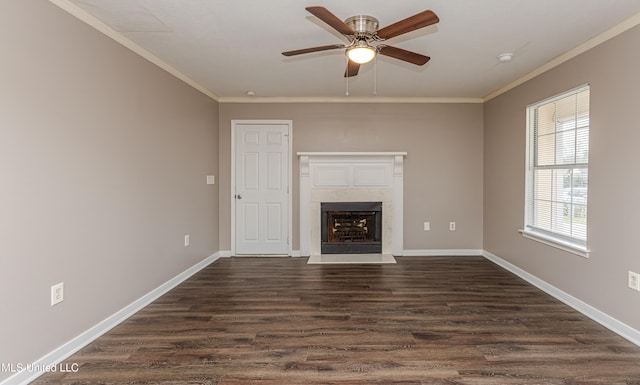 unfurnished living room featuring dark hardwood / wood-style floors, ceiling fan, crown molding, and a high end fireplace