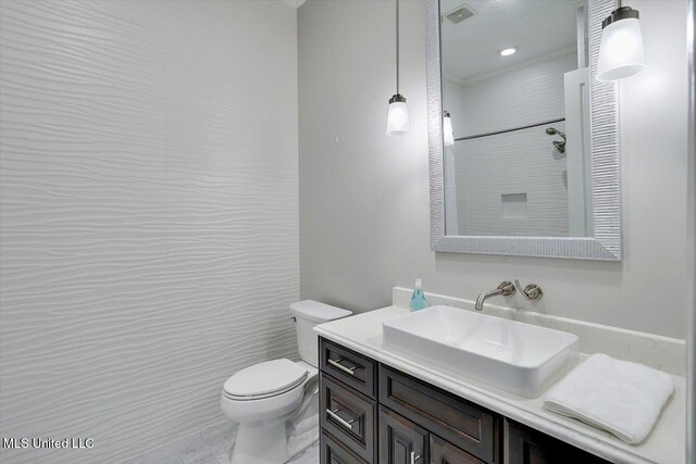 bathroom featuring vanity, toilet, and walk in shower