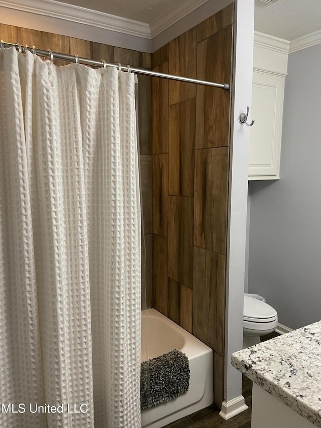 130 Eastwood Cir, Florence, MS 39073 - full bath featuring crown molding, vanity, shower / tub combo with curtain, and wood finished floors
