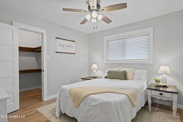 bedroom with ceiling fan, a walk in closet, wood-type flooring, and a closet