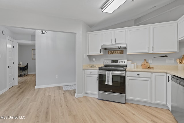 kitchen featuring vaulted ceiling, appliances with stainless steel finishes, white cabinets, and light hardwood / wood-style flooring