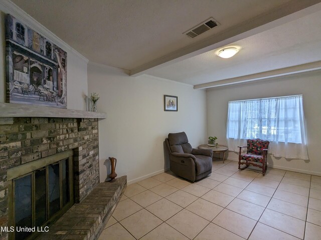 3607 Pentagon Dr, Pascagoula, MS 39581 - living area with light tile patterned floors, a brick fireplace, baseboards, beamed ceiling, and ornamental molding