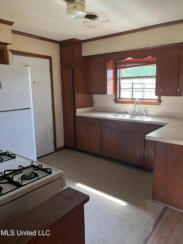 kitchen featuring crown molding, a sink, white appliances, light countertops, and a textured ceiling