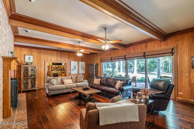 305 Creekbend Rd, Natchez, MS 39120 - living area featuring wooden walls, beamed ceiling, dark wood-style floors, a ceiling fan, and ornamental molding