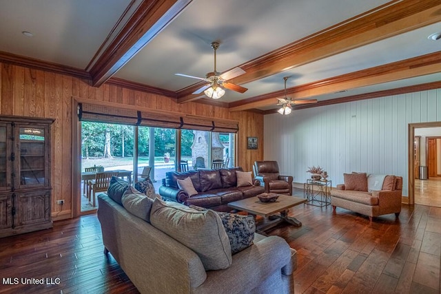 305 Creekbend Rd, Natchez, MS 39120 - living room featuring hardwood / wood-style flooring, ornamental molding, wooden walls, beam ceiling, and ceiling fan