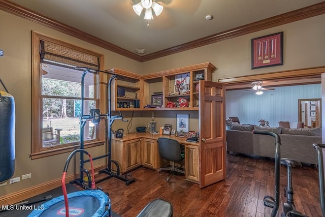 305 Creekbend Rd, Natchez, MS 39120 - home office featuring ceiling fan, dark wood finished floors, crown molding, and built in study area