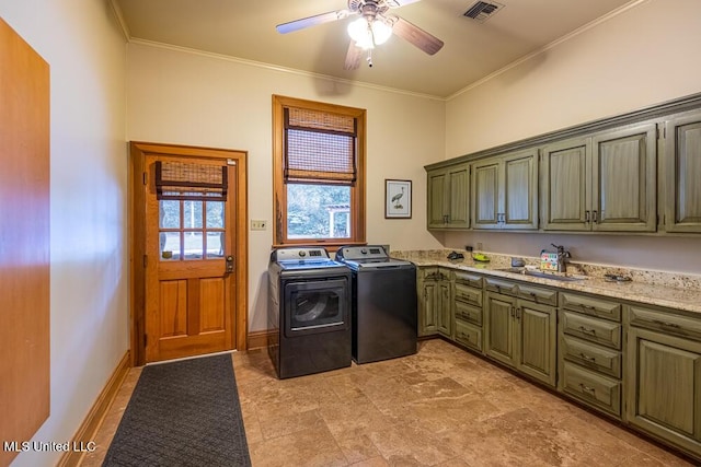 305 Creekbend Rd, Natchez, MS 39120 - washroom with cabinet space, washing machine and clothes dryer, a ceiling fan, and ornamental molding
