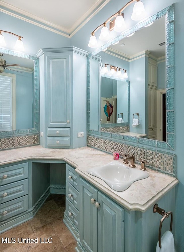 305 Creekbend Rd, Natchez, MS 39120 - bathroom with vanity, decorative backsplash, and ornamental molding