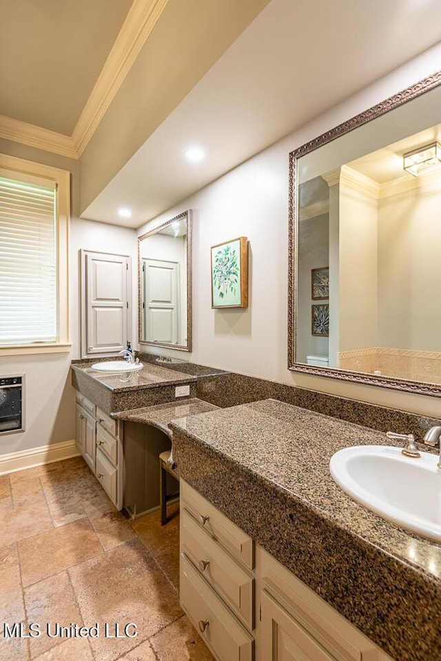 305 Creekbend Rd, Natchez, MS 39120 - bathroom with stone tile floors, crown molding, vanity, and heating unit