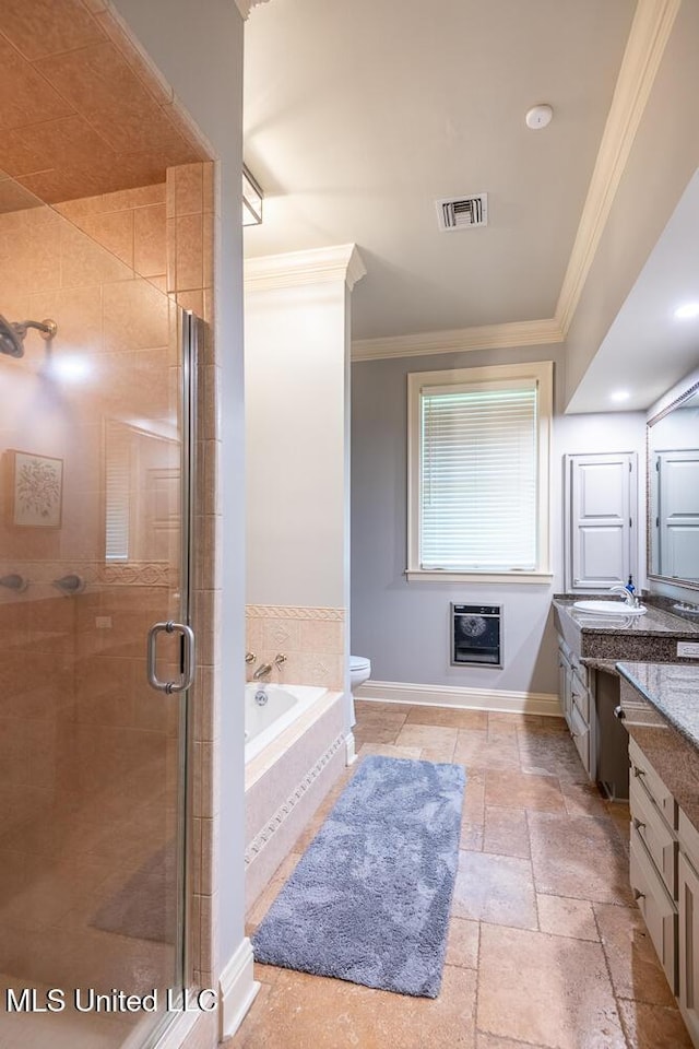 305 Creekbend Rd, Natchez, MS 39120 - full bath featuring vanity, a shower stall, ornamental molding, a bath, and heating unit