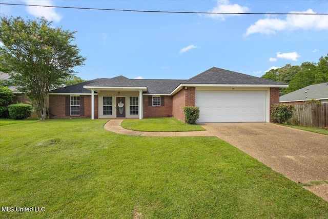 ranch-style home with concrete driveway, an attached garage, and brick siding