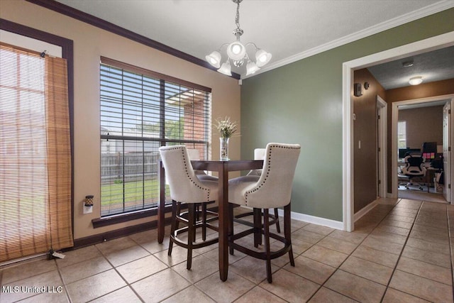 dining area featuring a chandelier, baseboards, light tile patterned flooring, ornamental molding, and healthy amount of natural light