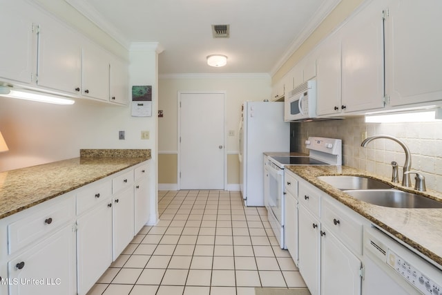 1 Partridge Pl, Long Beach, MS 39560 - kitchen with white appliances, a sink, white cabinets, backsplash, and crown molding