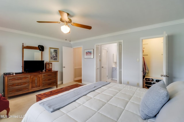 1 Partridge Pl, Long Beach, MS 39560 - bedroom featuring ornamental molding, light carpet, a ceiling fan, ensuite bath, and baseboards