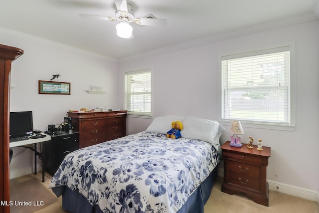 1 Partridge Pl, Long Beach, MS 39560 - bedroom with crown molding, baseboards, light colored carpet, and a ceiling fan