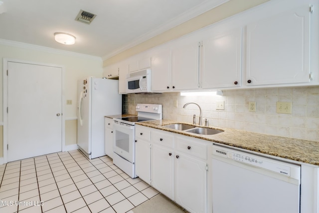 1 Partridge Pl, Long Beach, MS 39560 - kitchen featuring white appliances, a sink, crown molding, white cabinets, and backsplash