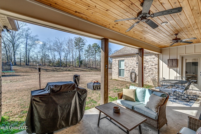 view of patio / terrace featuring grilling area, outdoor lounge area, and ceiling fan