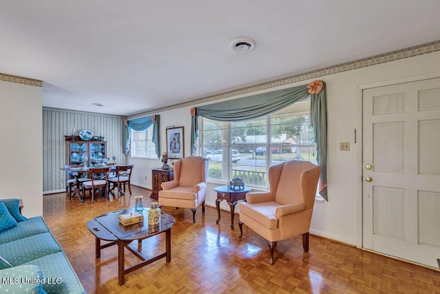 living room with parquet floors