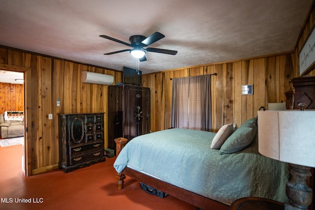 bedroom featuring carpet floors, wooden walls, and an AC wall unit