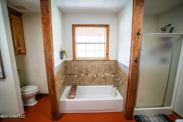 full bathroom with toilet, a bath, visible vents, and a stall shower